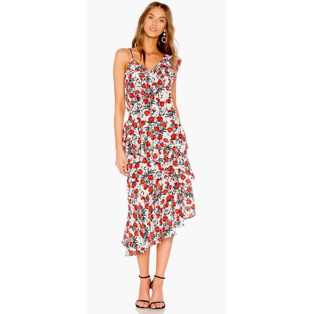 DELFI Collective Size M Zarina Ruffle Midi Dress Floral Red White Anthtropologie